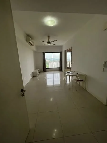 Living features: white painted walls, polished ceramic tile flooring, 5-blade ceiling fan with light, floor-to-ceiling windows, sliding glass door, curtains, air conditioning unit, dining table with chairs; style: modern; view: city.