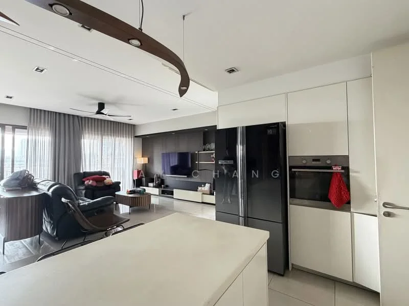 Kitchen features: white cabinetry, black stainless-steel fridge, built-in oven, ceramic tile flooring, island countertop, pendant light, 5-blade ceiling fan, open layout to living area, recessed downlights, grey accent wall, floor-to-ceiling windows with sheer curtains; style: modern; view: city. Living features: 3-seater fabric sofa in dark grey, coffee table, TV console, wall-mounted TV, area rug, floor-to-ceiling windows with sheer curtains; style: modern; view: city.