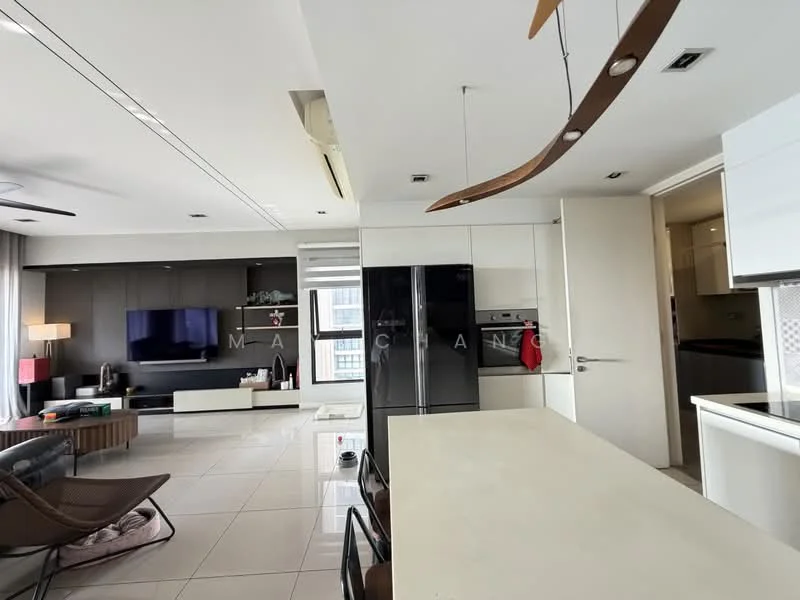 Living features: white painted walls, grey accent wall, glossy tile flooring, floor-to-ceiling windows, black TV console, wall-mounted TV, sofa with cushions, coffee table, decorative light fixture, ceiling fan, open kitchen layout, kitchen island with seating, stainless-steel fridge, built-in cabinetry; style: modern; view: city. Kitchen features: white cabinetry, black countertop, stainless-steel sink, chrome pull-down faucet, built-in oven, microwave, ceramic tile backsplash; style: modern.