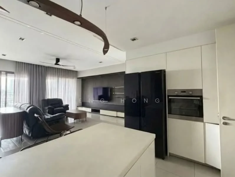 Living features: 5-blade ceiling fan with light, recessed downlights, floor-to-ceiling windows, grey curtains, black leather recliner sofa, wooden dining table, black refrigerator, built-in oven, white cabinetry, white countertop, wall-mounted TV, light wood flooring; style: modern; view: city.