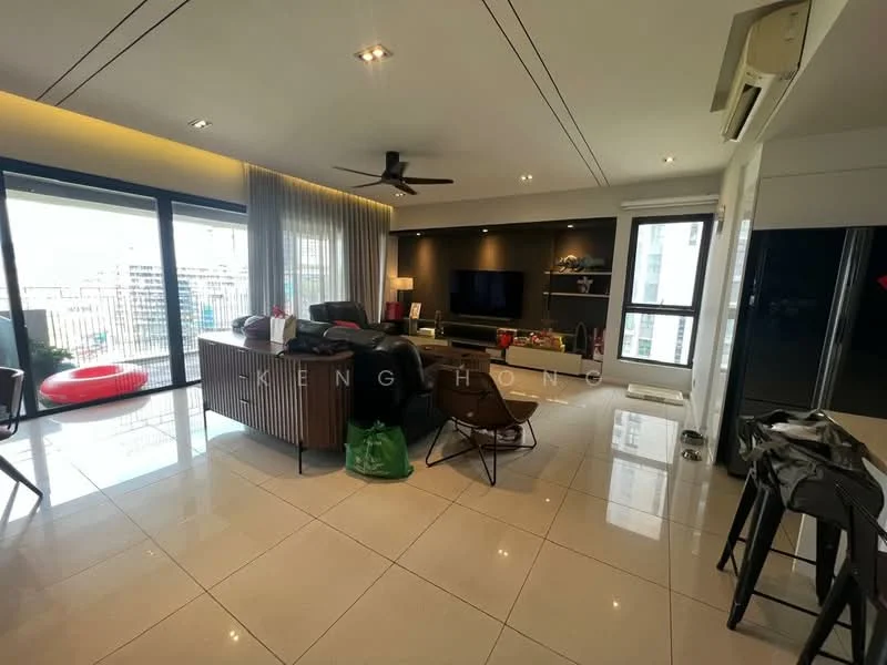 Living features: large floor-to-ceiling windows, grey tiled flooring, black feature wall with TV, wooden sofa with cushions, black coffee table, ceiling fan with light, recessed downlights, curtains, decorative wall art, green indoor plants, open layout, area rug, side chair, TV console; style: modern; view: city.
