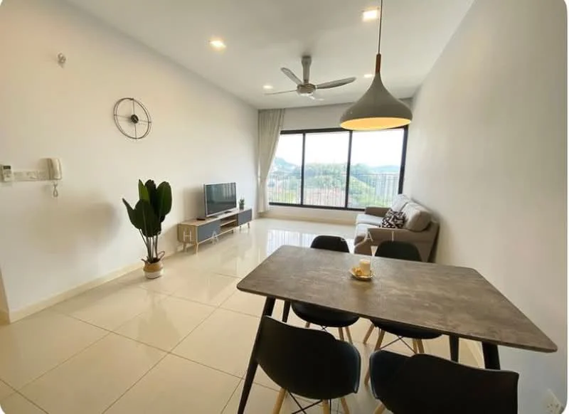 Living features: floor-to-ceiling windows, grey sofa, 3-seater sofa, coffee table, TV console, wall-mounted TV, ceiling fan, light fixture, white painted walls, glossy tile flooring, decorative wall clock, indoor plant in pot, dining table with black chairs; style: modern; view: mountain.