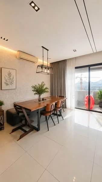 Dining features: wood dining table, 4 upholstered dining chairs, pendant light fixture, wall-mounted air conditioning unit, floor-to-ceiling windows, sheer curtains, grey accent wall, white tiled flooring, decorative plant in vase, framed artwork on wall, black metal side table; style: modern; view: city.