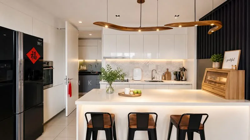 Kitchen features: white cabinetry with flat-panel doors, black refrigerator, built-in oven, stainless-steel range hood, 4-burner gas hob, white quartz countertop, pendant light fixture with wooden accents, tile backsplash with geometric pattern, kitchen island with seating for three, open shelving, sink with chrome faucet, decorative fruit bowl, greenery in vase; style: modern.