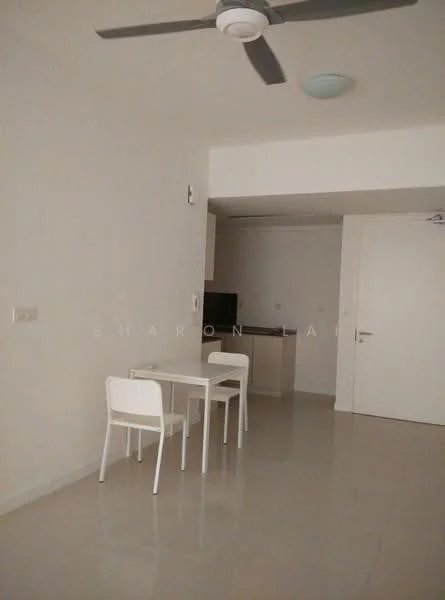 Dining features: white dining table, 2 white dining chairs, cream painted walls, glossy tile flooring, ceiling fan, recessed ceiling light, open layout to kitchen, wall-mounted TV, kitchen cabinetry visible; style: modern.