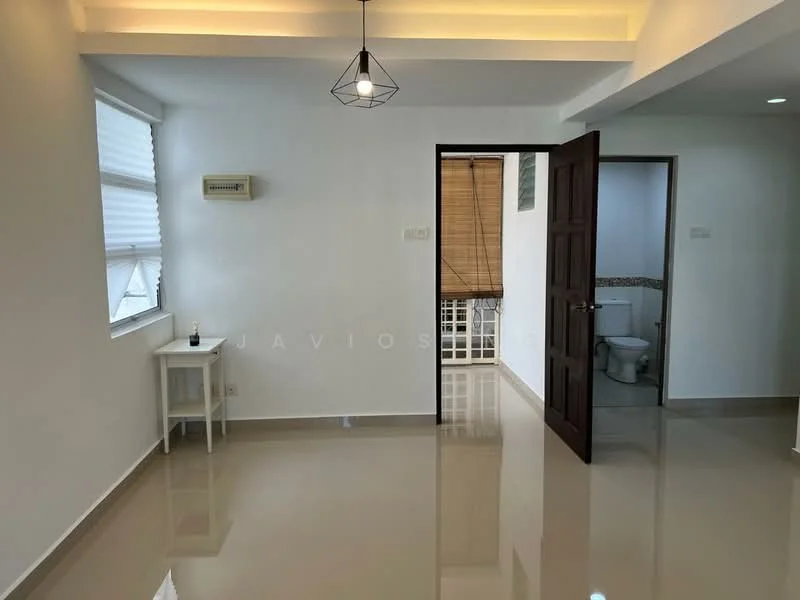 Room features: white painted walls, glossy tile flooring, recessed downlights, pendant light fixture, window with blinds, door leading to bathroom, air conditioning unit on wall, open space layout; style: modern.