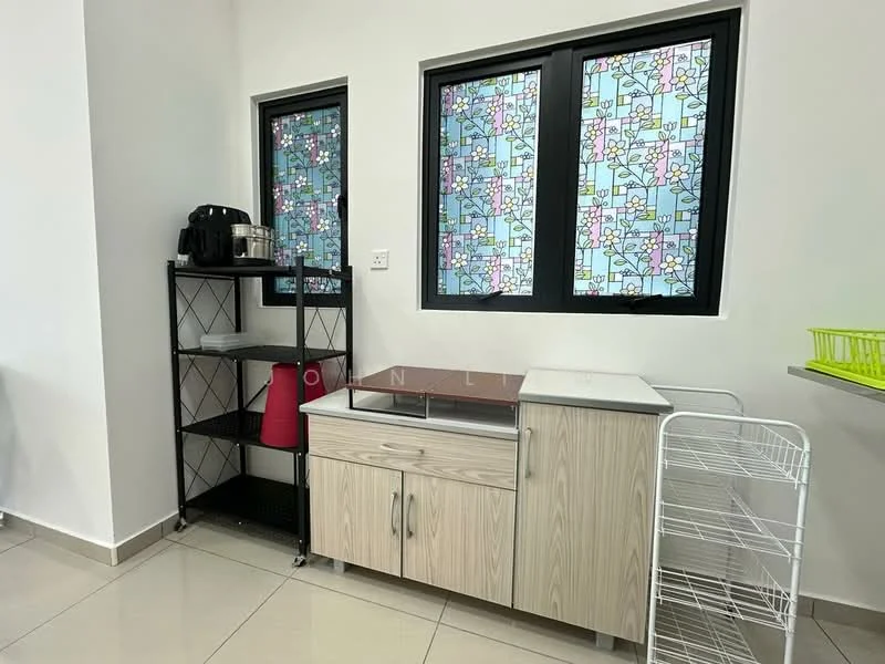 Room features: white painted walls, glazed tile flooring, two black-framed windows with stained glass, wooden cabinetry with countertop, metal shelving unit, red storage container, white wire rack; style: modern.