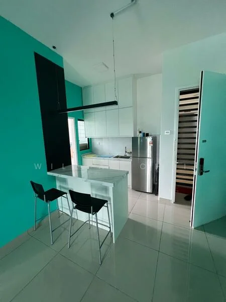 Kitchen features: turquoise painted walls, white cabinetry, marble countertop, kitchen island with seating for 2, stainless-steel fridge, built-in sink, modern pendant light, ceramic tile flooring, window with natural light, open layout; style: modern.