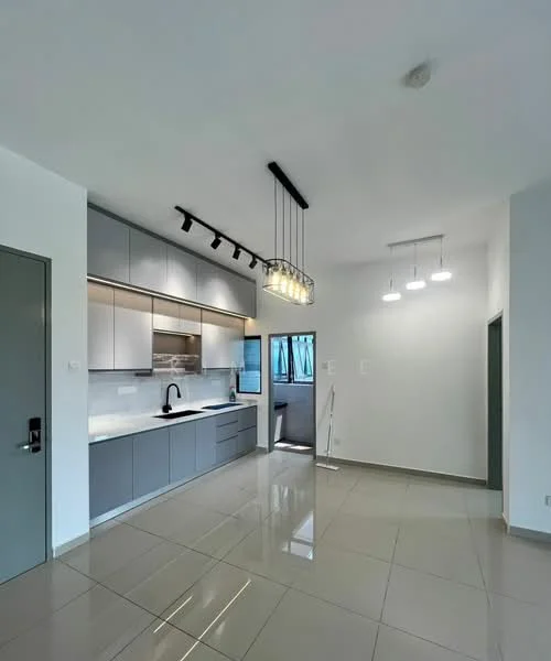 Kitchen features: grey flat-panel cabinets, white quartz countertop, single-bowl stainless-steel sink, chrome pull-down faucet, built-in oven, stainless-steel range hood, 4-burner gas hob, pendant lighting, recessed LED downlights, ceramic tile flooring, window with blue curtains, open layout, wall-mounted storage, kitchen island; style: modern.