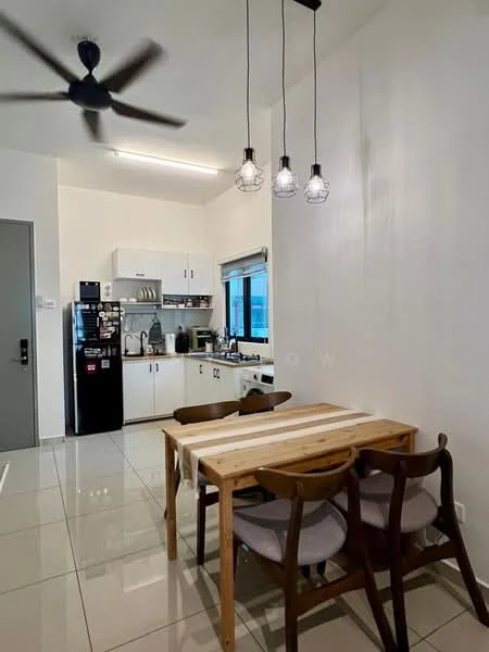 Dining features: 4-seater wooden dining table, grey upholstered dining chairs, pendant lighting with exposed bulbs, white painted walls, glossy white tile flooring, wall-mounted kitchen cabinets, stainless-steel sink, black refrigerator, window with view to outside, ceiling fan with light, kitchen countertop, built-in stove, microwave, kettle; style: modern.