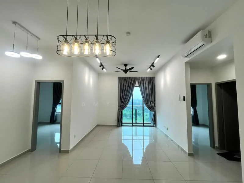 Living features: white painted walls, glossy tile flooring, 5-blade ceiling fan with light, recessed LED downlights, large sliding glass door, floor-to-ceiling windows, grey curtains, chandelier with multiple bulbs; style: modern; view: garden.