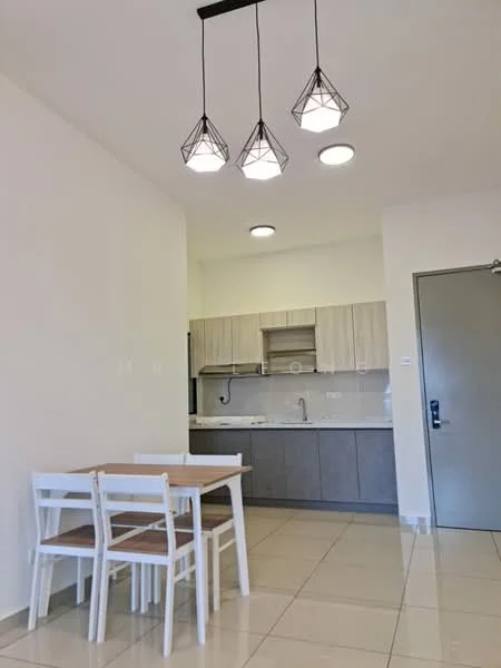 Kitchen features: white painted walls, light grey cabinetry, stainless-steel sink, chrome pull-down faucet, white countertop, built-in oven, freestanding range oven, refrigerator, 3-blade ceiling fan, 3 pendant lights, dining table with 4 chairs, ceramic tile flooring, wall-mounted cabinets; style: modern.
