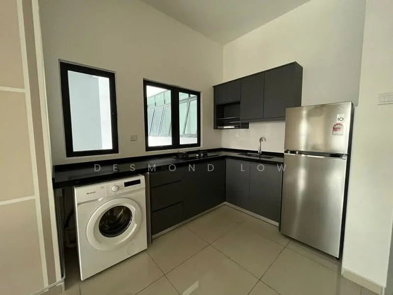 Kitchen features: black cabinetry, stainless-steel fridge, built-in oven, single-bowl stainless-steel sink, chrome pull-down faucet, ceramic tile flooring, white walls, two windows, washing machine, countertop with backsplash; style: modern.