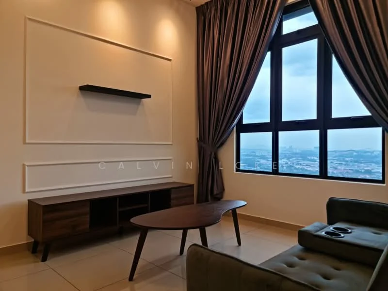 Living features: floor-to-ceiling windows, grey curtains, white painted walls, wooden TV console, dark wood coffee table, green fabric sofa, tile flooring, decorative wall panel; style: modern; view: city.