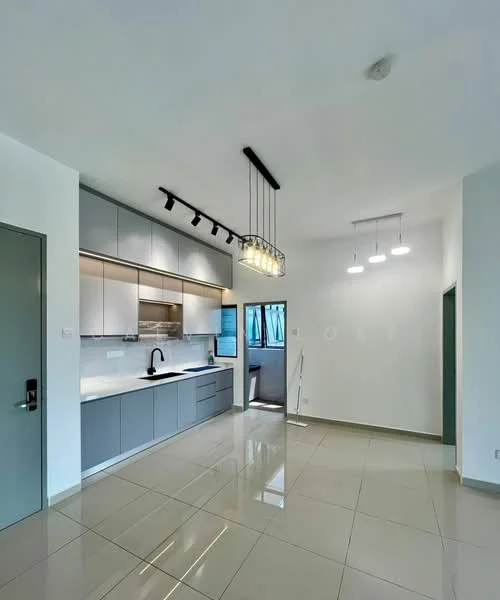Kitchen features: grey cabinetry, white countertop, stainless-steel sink, chrome pull-down faucet, built-in oven, 4-burner gas hob, recessed LED downlights, pendant lighting, ceramic tile flooring, window with blue curtains, open layout, wall-mounted cabinets; style: modern.