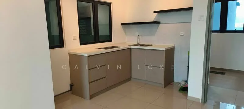 Kitchen features: L-shaped kitchen countertop, light-colored solid surface countertop, single-bowl stainless-steel sink, chrome pull-down faucet, wood cabinetry in light brown, open shelving above countertop, white tiled backsplash, ceramic tile flooring, two large windows, recessed downlights; style: modern.