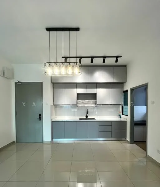 Kitchen features: grey cabinetry, white marble countertop, black gooseneck faucet, stainless-steel sink, built-in oven, 4-burner gas hob, white subway tile backsplash, recessed LED downlights, 6-bulb pendant light, sliding window, ceramic tile flooring, wall-mounted split AC; style: modern.