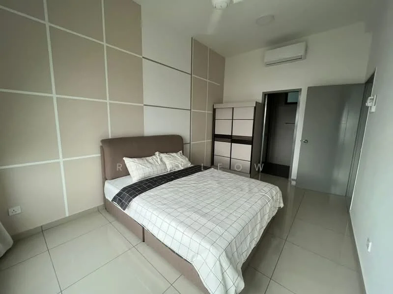 Bedroom features: queen-size bed with upholstered headboard, white bedding with grid pattern, 2 bedside pillows, light grey accent wall with geometric design, cream painted walls, floor-to-ceiling window with sheer curtains, built-in wardrobe with sliding doors, wall-mounted air conditioning unit, ceiling fan, glossy tile flooring; style: modern.