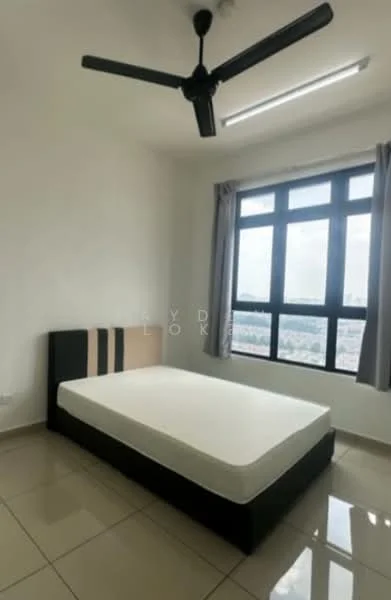 Bedroom features: queen-size bed frame, mattress, ceiling fan with 3 blades, floor-to-ceiling windows, grey curtains, white painted walls, glossy ceramic tile flooring, natural light from window, city view; style: modern; view: city.
