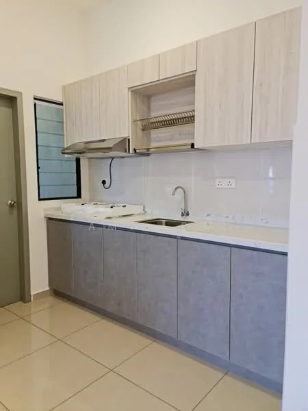 Kitchen features: light wood cabinetry, grey lower cabinets, white countertop, stainless-steel sink, chrome pull-down faucet, built-in stove with hood, tile backsplash, ceramic tile flooring, window with grid pattern, open shelving above countertop; style: modern.