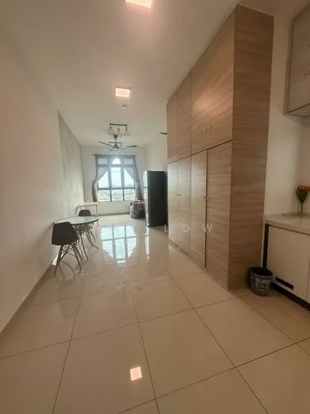 Room features: white painted walls, glossy ceramic tile flooring, ceiling with recessed downlights, 5-blade ceiling fan, large window with sheer curtains, built-in cabinetry with wood finish, black refrigerator, small dining table with chairs, decorative flower vase, open layout; style: modern; view: city.