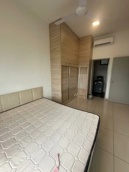 Bedroom features: queen-size bed, upholstered headboard, built-in wardrobe with sliding doors, cream painted walls, tile flooring, ceiling fan, wall-mounted air conditioning unit, window with curtain, light fixture on ceiling; style: modern.
