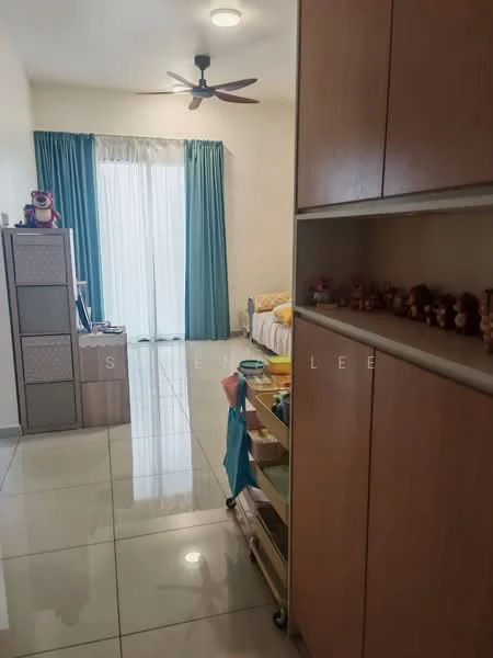 Room features: glossy tile flooring, white painted walls, ceiling fan, floor-to-ceiling windows, sheer curtains, wooden cabinetry, built-in shelving unit, decorative items on shelves, bed with bedding, cart with storage, light fixture on ceiling; style: modern.