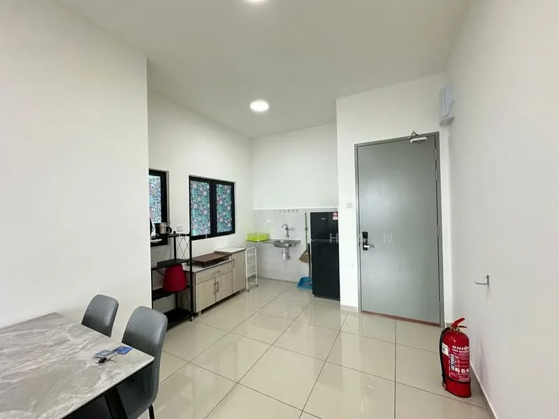 Kitchen features: white painted walls, glossy ceramic tile flooring, single-bowl stainless-steel sink, chrome pull-down faucet, kitchen cabinetry with wood finish, black refrigerator, countertop with space for appliances, 2 windows with patterned glass, fire extinguisher, dining table with marble top, 3 dining chairs; style: modern.