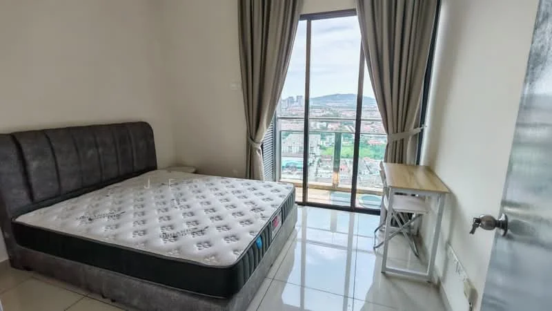 Bedroom features: king-size bed, upholstered headboard, floor-to-ceiling windows, city view, white painted walls, glossy tile flooring, curtains, side table, desk, chair; style: modern; view: city.