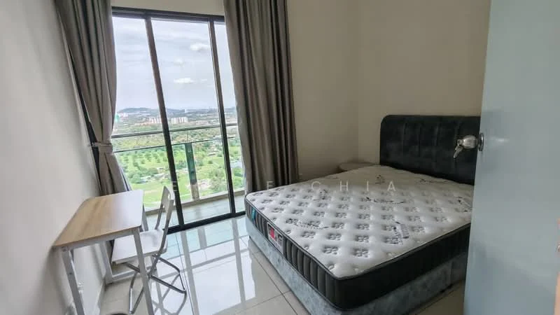 Bedroom features: queen-size bed, black upholstered headboard, white mattress with patterned bedding, floor-to-ceiling windows, curtains in grey, white walls, tile flooring, study desk with chair, city view; style: modern; view: city.