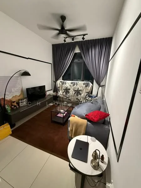 Living features: grey fabric sofa, red decorative pillows, black floor lamp, wall-mounted TV, coffee table, area rug in brown, curtains in grey, ceiling fan with light, decorative wall art, white painted walls, tile flooring; style: modern.