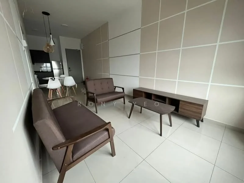 Living features: two brown fabric sofas, wooden coffee table, TV console, white pendant light, white walls with grid pattern, cream tiled flooring, floor-to-ceiling windows, open layout to kitchen area; style: modern.