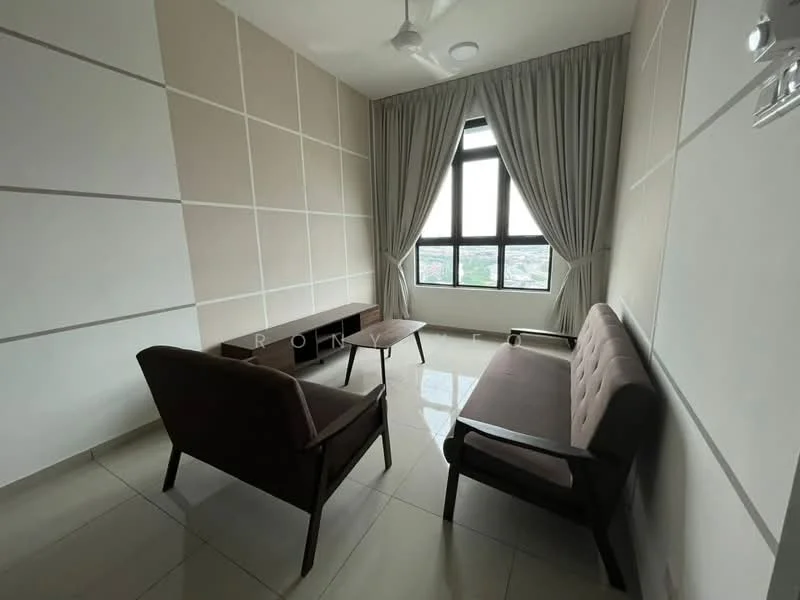 Living features: light grey painted walls, white ceiling, floor-to-ceiling windows, sheer curtains, 2-seater fabric sofa in brown, 2-seater fabric sofa in beige, coffee table, tile flooring, ceiling fan; style: modern; view: city.
