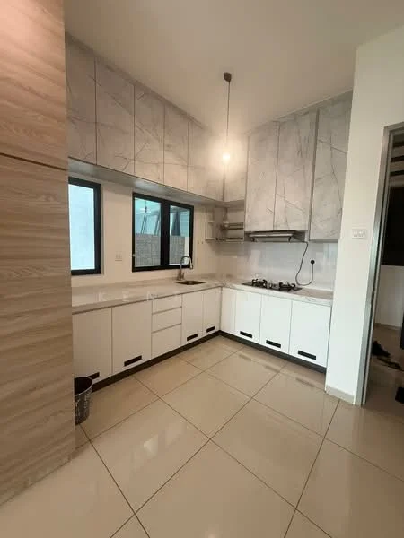 Kitchen features: white cabinetry with black handles, grey marble-patterned backsplash, white countertop, stainless-steel sink, chrome pull-down faucet, built-in gas stove, exhaust hood, pendant light fixture, large windows for natural light, cream-colored floor tiles, wood paneling on one wall, open shelving; style: modern.