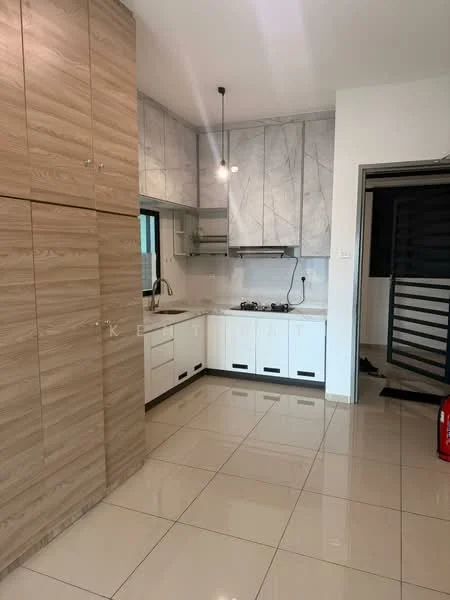 Kitchen features: light wood cabinetry, white marble backsplash, stainless-steel gas hob, stainless-steel range hood, white countertops, ceramic tile flooring, pendant lighting, window for natural light, built-in storage cabinets; style: modern.