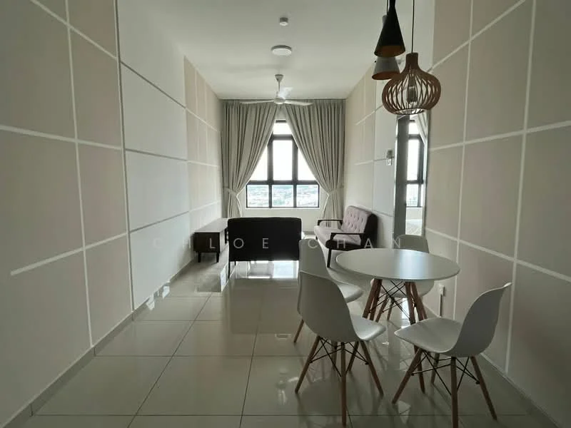 Living features: grey fabric sofa, 2-seater sofa, white round dining table, 4 white dining chairs, floor-to-ceiling windows, curtains, ceiling fan, pendant light fixture, glossy tile flooring, light beige painted walls, decorative wall paneling; style: modern; view: city.