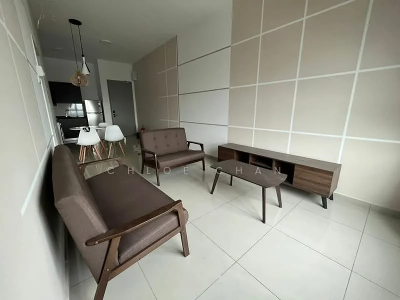 Living features: two brown fabric sofas, wooden coffee table, TV console, white walls, cream accent wall with paneling, large floor tiles, recessed ceiling lights, pendant light fixture, open layout to kitchen, floor-to-ceiling windows; style: modern.
