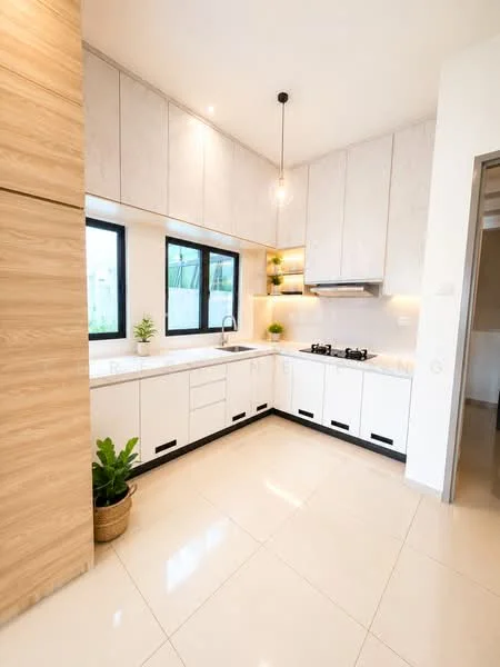 Kitchen features: white cabinetry with black handles, light wood accent wall, marble countertop, stainless-steel sink, chrome pull-down faucet, built-in gas hob, extraction hood, two windows with black frames, recessed downlights, pendant light fixture, cream ceramic tile flooring, green potted plant, open shelving, decorative plants on countertop; style: modern.