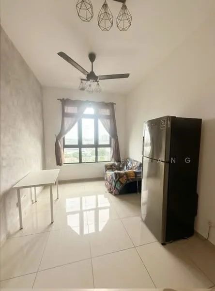 Living features: white painted walls, grey accent wall, glossy ceramic tile flooring, 5-blade ceiling fan with light, large window with view, brown curtains, white dining table, sofa with colorful upholstery, stainless-steel fridge; style: modern; view: garden.
