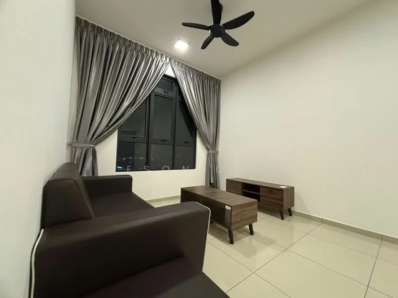 Living features: 3-seater fabric sofa in dark brown, 2 coffee tables in wood finish, floor-to-ceiling windows, grey curtains, white painted walls, tile flooring, ceiling fan with 3 blades, recessed downlights; style: modern; view: city.