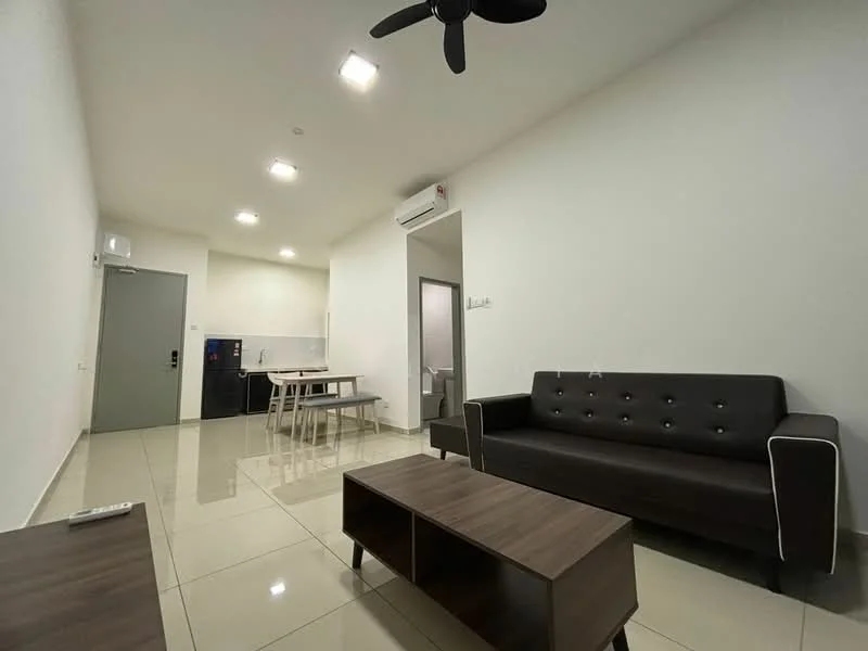 Living features: grey leather sofa with button tufting, wooden coffee table, white painted walls, glossy tile flooring, ceiling fan, wall-mounted air conditioning unit, dining table with four chairs, floor-to-ceiling windows, LED ceiling lights; style: modern. Kitchen features: white cabinetry, black refrigerator, built-in oven, stainless-steel sink, grey countertop, open layout to living area; style: modern.