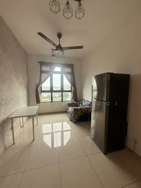 Living features: grey accent wall, white painted walls, polished ceramic tile flooring, 5-blade ceiling fan with light, floor-to-ceiling window, brown curtains, black stainless-steel fridge, white table, multicolored fabric sofa; style: modern; view: city.