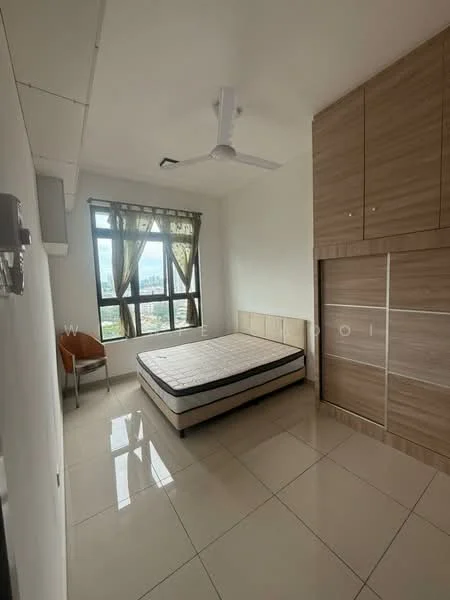Bedroom features: queen-size bed, wooden headboard, built-in wardrobe with sliding doors, floor-to-ceiling windows, sheer curtains, ceiling fan, tile flooring, neutral painted walls, decorative wall paneling, study desk, chair, city view; style: modern; view: city.