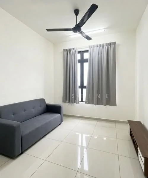 Living features: grey fabric sofa, ceiling fan, white painted walls, tile flooring, floor-to-ceiling window, grey curtains, wooden TV console, recessed lighting; style: modern.