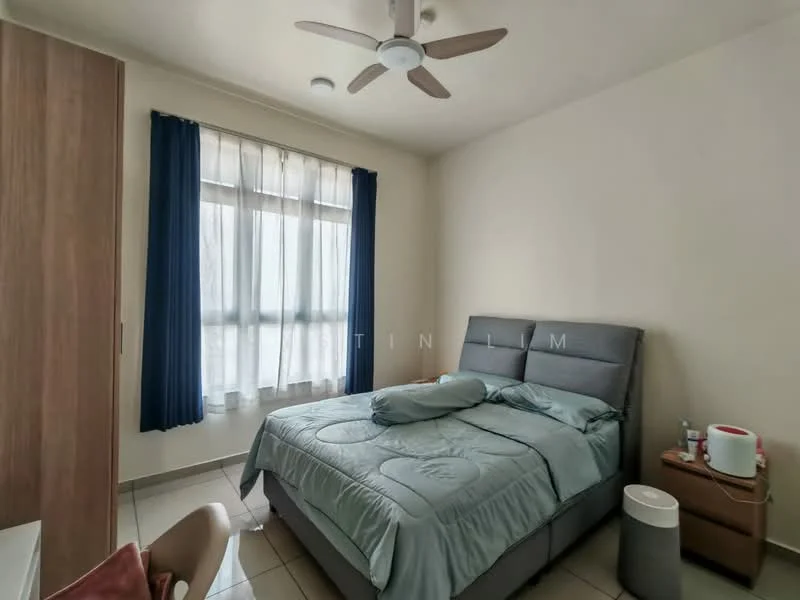Bedroom features: queen-size bed with grey upholstered headboard, light blue bedding, 2 bedside tables, white bedside lamp, built-in wardrobe with wooden finish, floor-to-ceiling window with sheer curtains, ceiling fan with light, tile flooring, decorative wall art, grey throw pillows; style: modern.