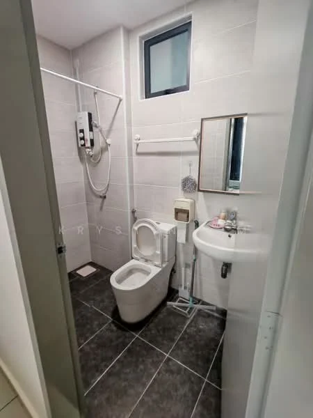 Bathroom features: white tiled walls, dark ceramic tile flooring, one-piece toilet, wall-mounted basin, chrome basin mixer faucet, framed mirror, shower with water heater, towel rack, window for natural light, toilet paper holder; style: modern.