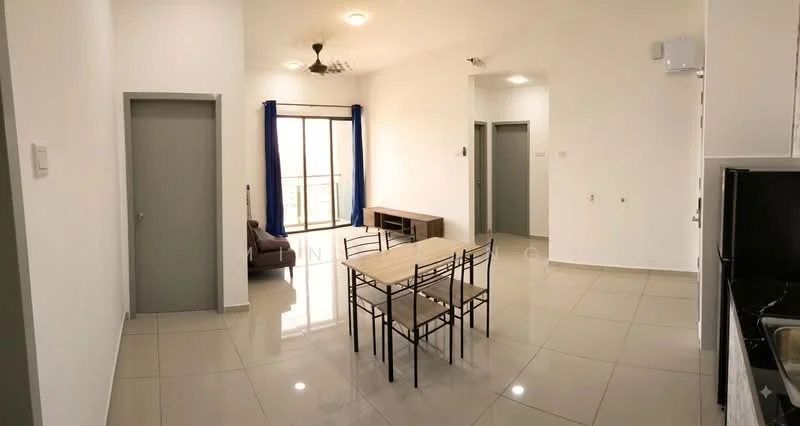 Living features: grey fabric sofa, 4-seater dining table, metal dining chairs, floor-to-ceiling windows, sliding glass door, white painted walls, glossy ceramic tile flooring, ceiling fan with light, curtains in dark blue, wall-mounted air conditioning unit; style: modern; view: city.