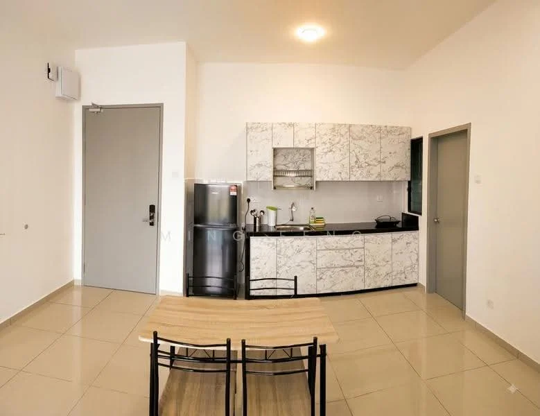 Kitchen features: white marble countertop, white cabinetry with marble pattern, stainless-steel fridge, built-in sink, chrome faucet, ceramic tile flooring, recessed downlights, open shelving, black stove, dining table with wooden top and metal legs, two black chairs; style: modern.