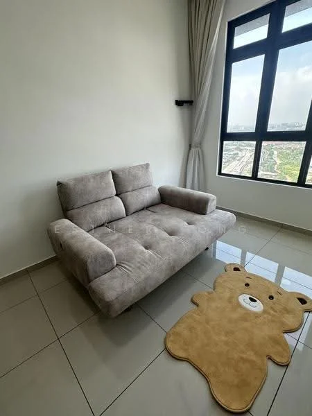 Living features: fabric sofa in light grey, floor-to-ceiling windows, neutral wall colour, glossy tile flooring, bear-shaped area rug, curtains, city view, minimalist decor; style: modern; view: city.