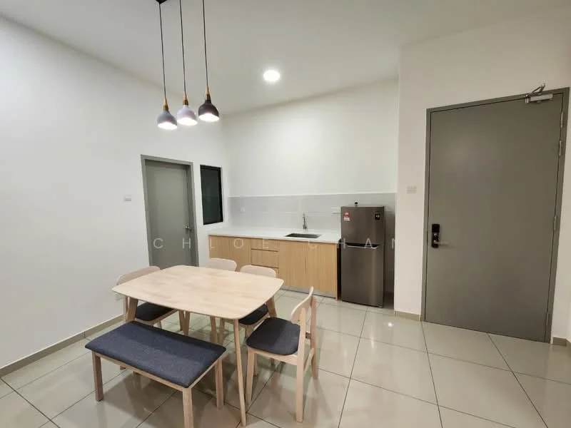Kitchen features: white painted walls, tile flooring, recessed downlights, kitchen cabinetry in light wood, single-bowl stainless-steel sink, chrome pull-down faucet, built-in countertop, stainless-steel fridge, 4-seater dining table, upholstered dining chairs, pendant lighting with three bulbs; style: modern.